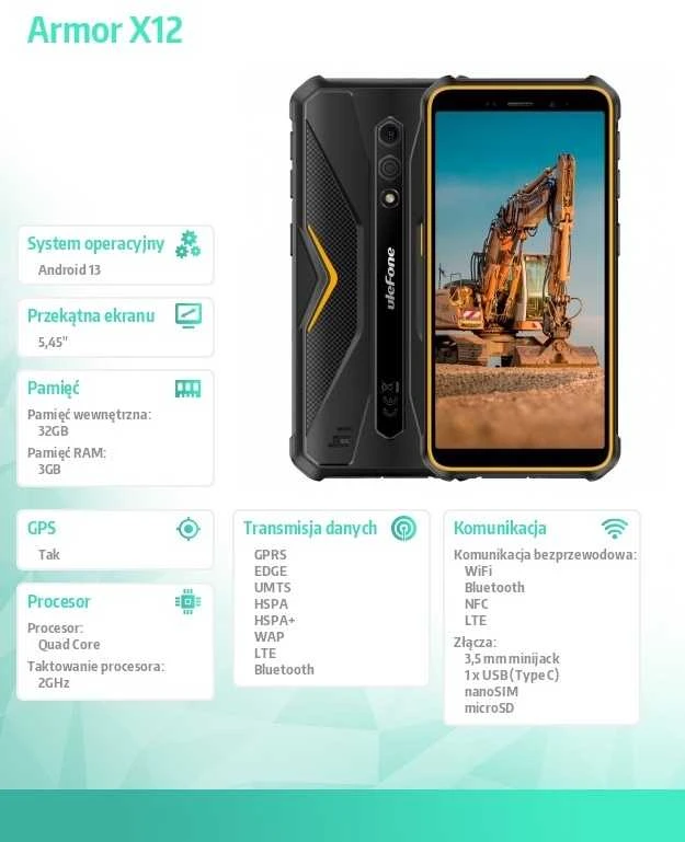 Mobilus telefonas - Ulefone Armor X12 3+32gb 4G Oranžinė Nfc.