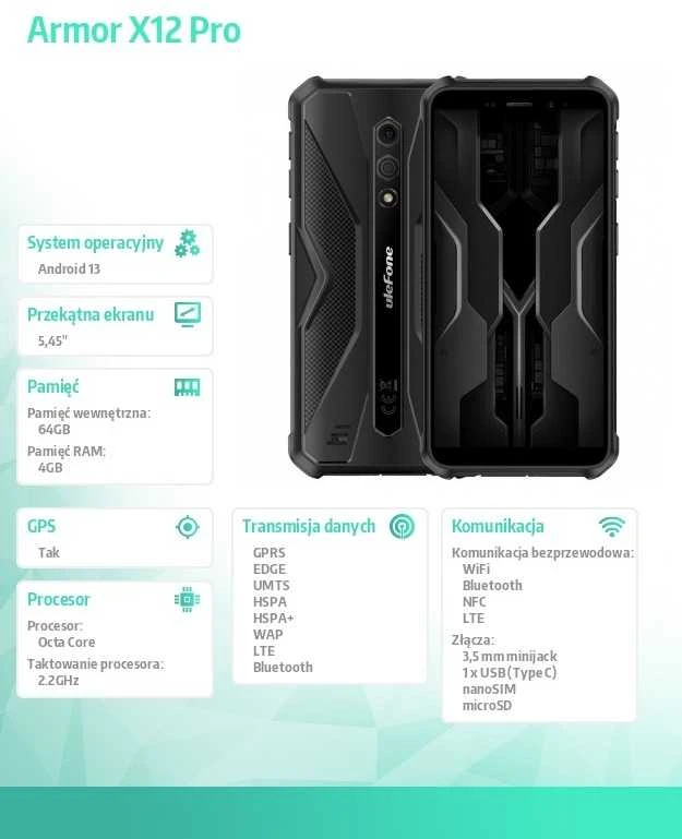 Mobilus telefonas - Ulefone Armor X12 Pro 4GB 64GB 5.45" HD+ 13MP NFC Dual SIM Juodas