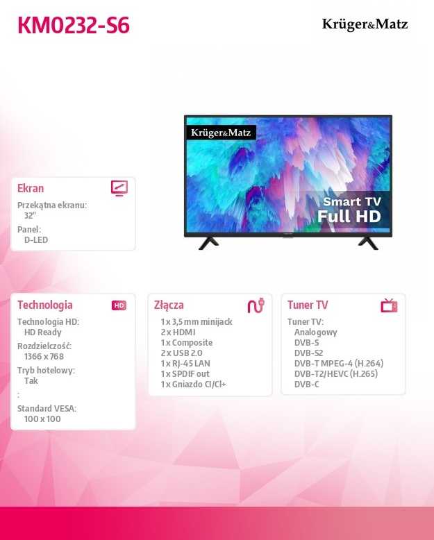 Kruger & Matz 32" HD išmanusis televizorius DVB-T2/S2 H.265 HEVC