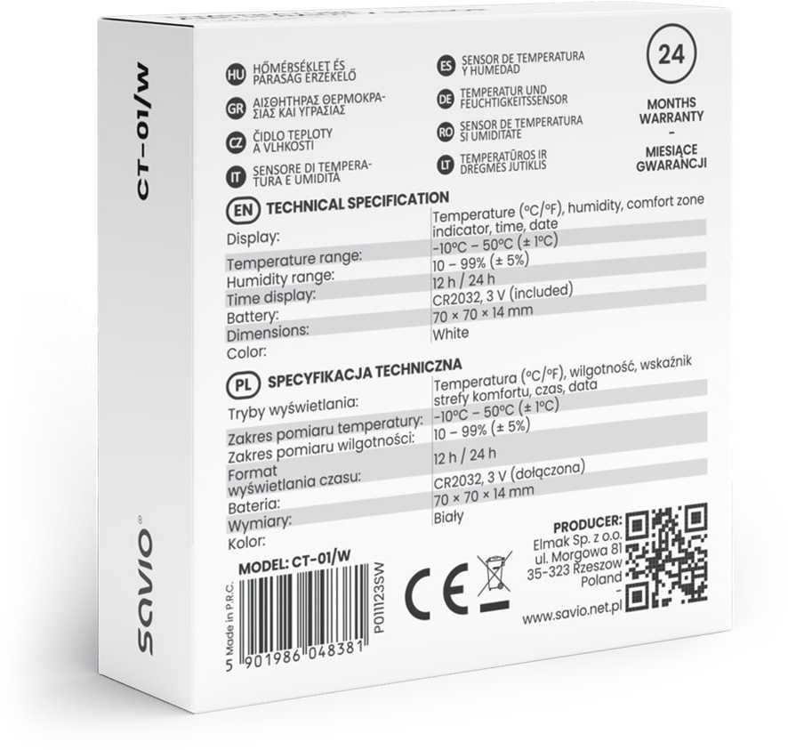 Temperatūros ir drėgmės jutiklis Savio CT-01/W