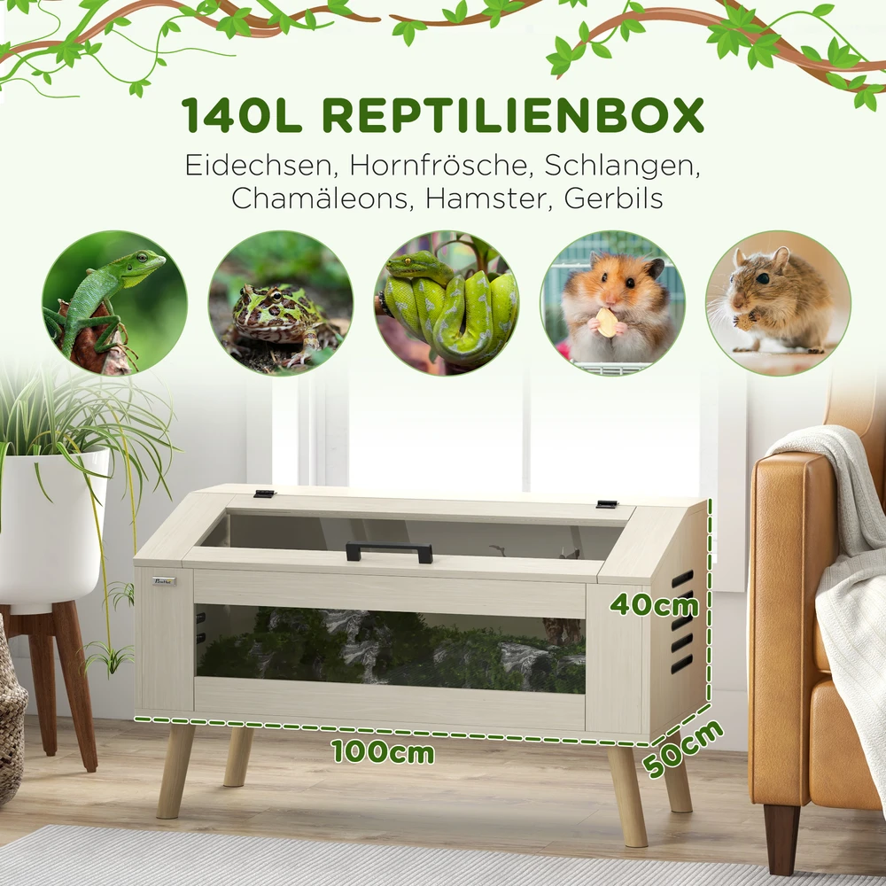 PawHut terariumas ropliams, 140 l roplių šėrimo dėžė su grūdinto stiklo langais, dangčiu, kojomis, roplių veisimo dėžė varliagyviams, vorams, ąžuolo spalvos, 100 x 50 x 60 cm