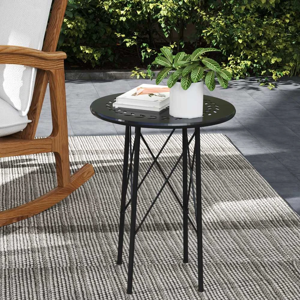 Sodo stalas Outsunny Ø40 x 50 cm, oro sąlygoms atsparus plieno balkono stalas, pagalbinis staliukas su gėlių raštais ir apsauginėmis kojelėmis, apvalus lauko valgomojo stalas, kempingo stalas, terasos stalas sodui, terasai ir balkonui, juodas