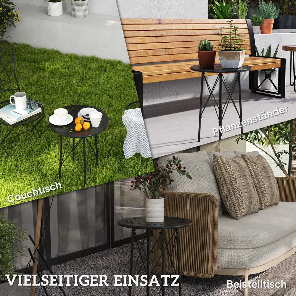 Sodo stalas Outsunny Ø40 x 50 cm, oro sąlygoms atsparus plieno balkono stalas, pagalbinis staliukas su gėlių raštais ir apsauginėmis kojelėmis, apvalus lauko valgomojo stalas, kempingo stalas, terasos stalas sodui, terasai ir balkonui, juodas