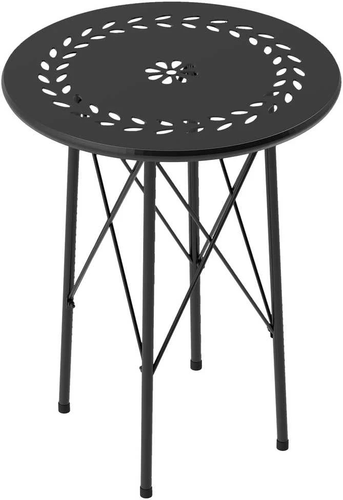 Sodo stalas Outsunny Ø40 x 50 cm, oro sąlygoms atsparus plieno balkono stalas, pagalbinis staliukas su gėlių raštais ir apsauginėmis kojelėmis, apvalus lauko valgomojo stalas, kempingo stalas, terasos stalas sodui, terasai ir balkonui, juodas