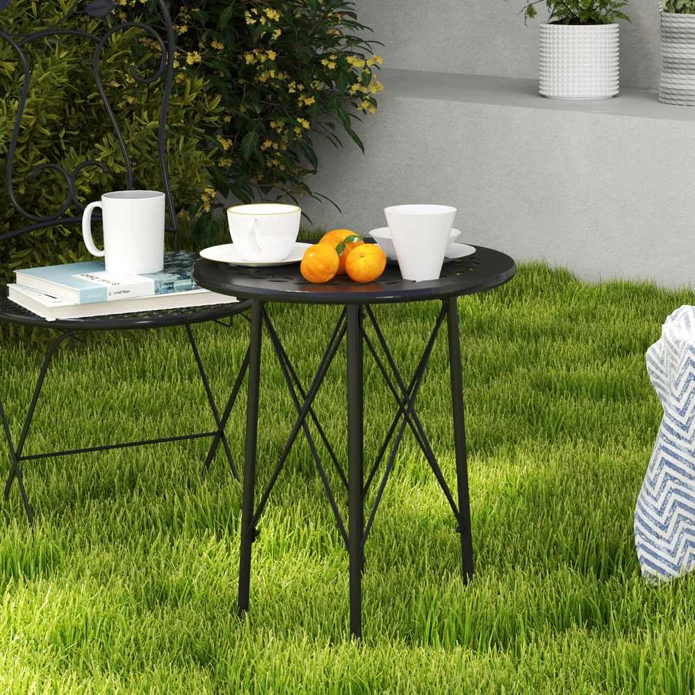 Sodo stalas Outsunny Ø40 x 50 cm, oro sąlygoms atsparus plieno balkono stalas, pagalbinis staliukas su gėlių raštais ir apsauginėmis kojelėmis, apvalus lauko valgomojo stalas, kempingo stalas, terasos stalas sodui, terasai ir balkonui, juodas