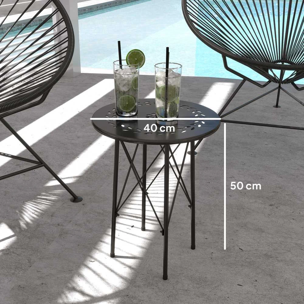 Sodo stalas Outsunny Ø40 x 50 cm, oro sąlygoms atsparus plieno balkono stalas, pagalbinis staliukas su gėlių raštais ir apsauginėmis kojelėmis, apvalus lauko valgomojo stalas, kempingo stalas, terasos stalas sodui, terasai ir balkonui, juodas