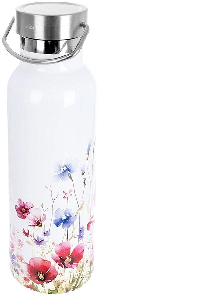 Termosas butelio formos su plačia anga, baltas su gėlių motyvu, 560 ml