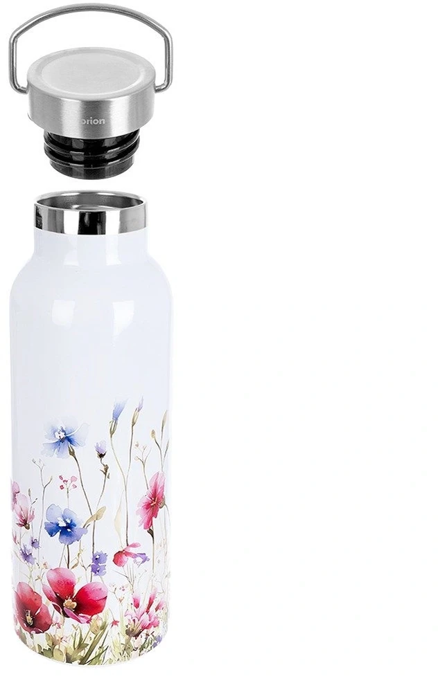 Termosas butelio formos su plačia anga, baltas su gėlių motyvu, 560 ml