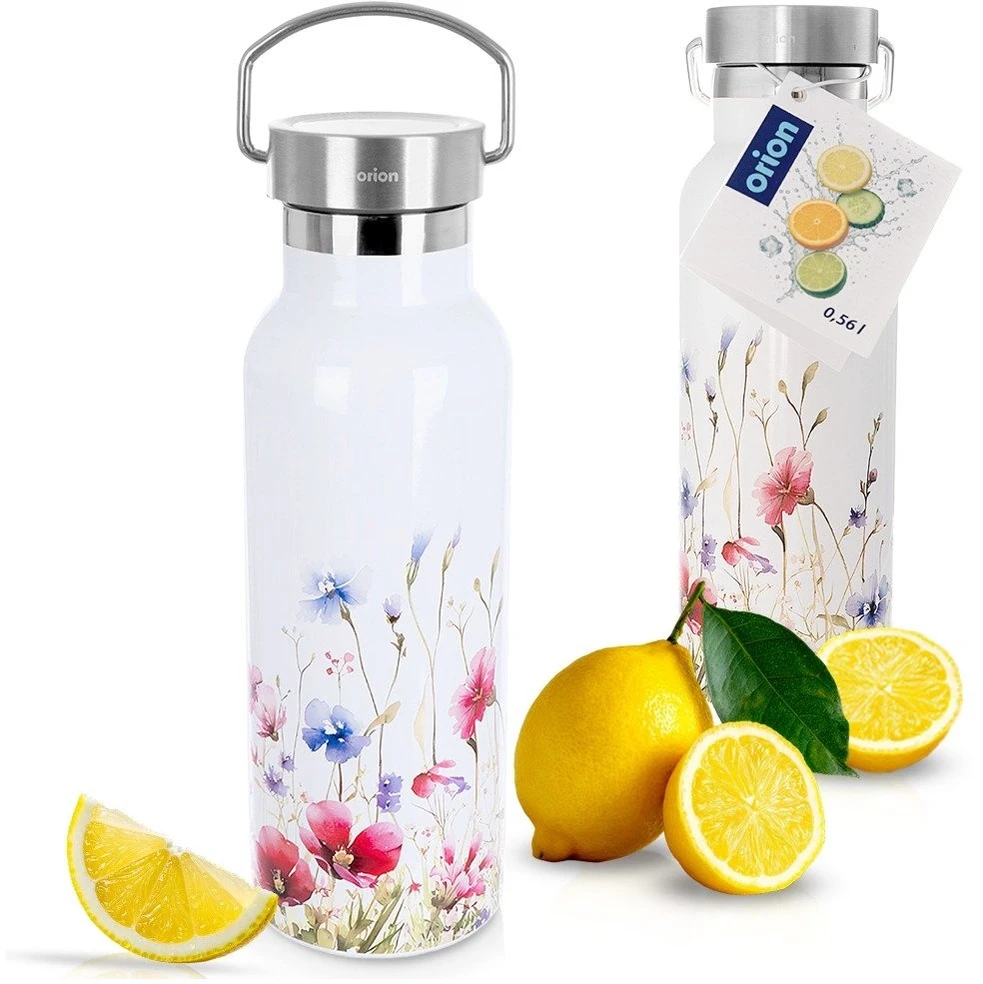 Termosas butelio formos su plačia anga, baltas su gėlių motyvu, 560 ml