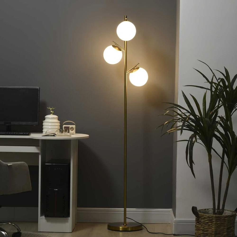 HOMCOM pastatomas šviestuvas, 40 W, su E27 lizdu ir 3 stikliniais gaubtais, svetainei, 169 cm aukščio
