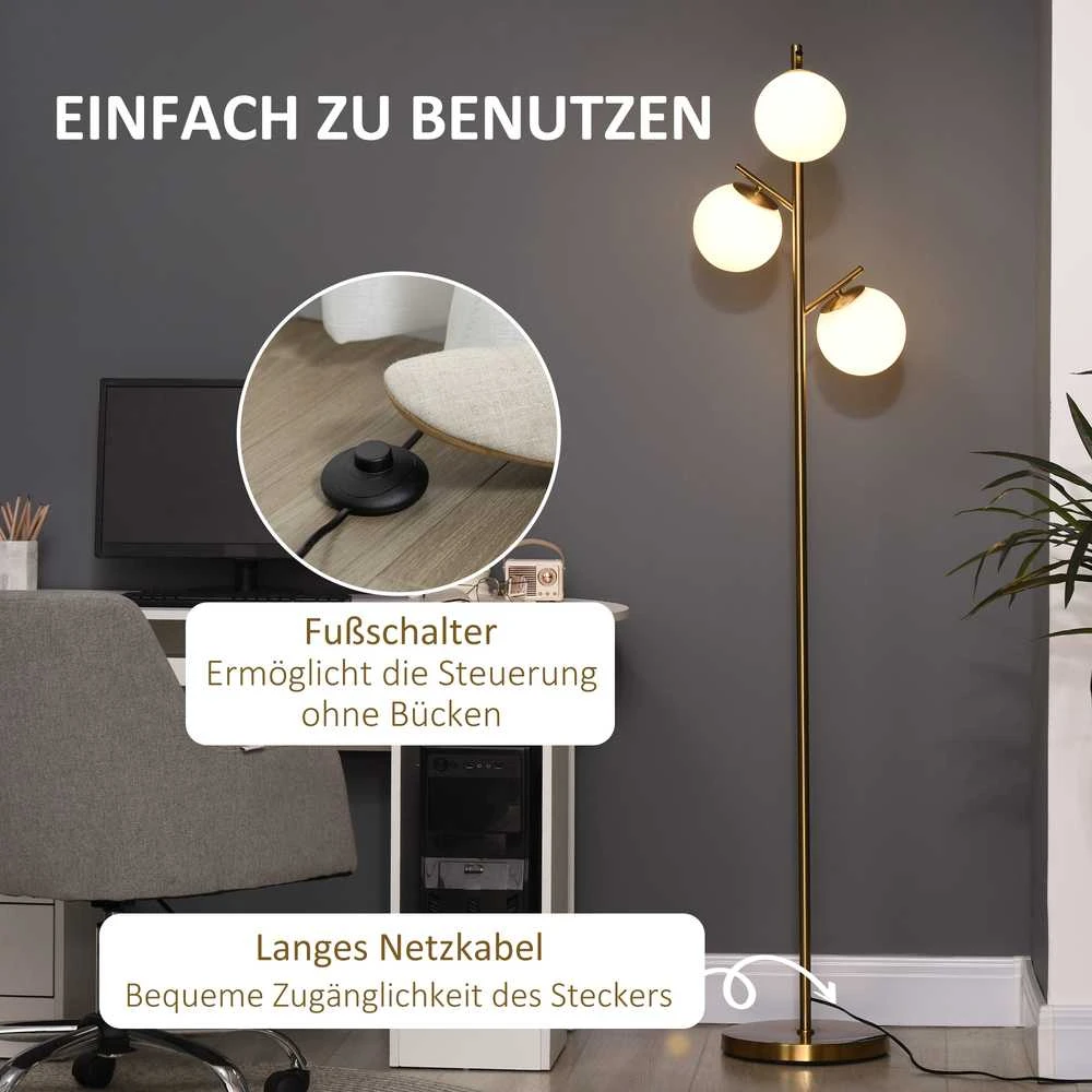 HOMCOM pastatomas šviestuvas, 40 W, su E27 lizdu ir 3 stikliniais gaubtais, svetainei, 169 cm aukščio