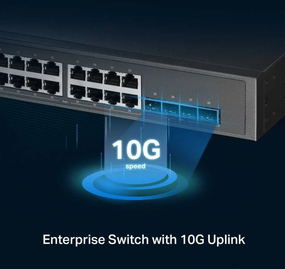 Šakotuvas Port TP-Link Omada 24 prievadų 2.5GBASE-T ir 4 prievadų 10GE SFP+ L2+ valdomas komutatorius su 16 prievadų PoE+ ir 8 prievadų PoE++
