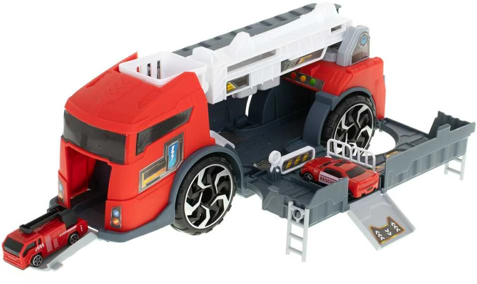 Transporterio sunkvežimis TIR 2in1 automobilių stovėjimo aikštelė, gaisrinė + 3 automobiliai raudona