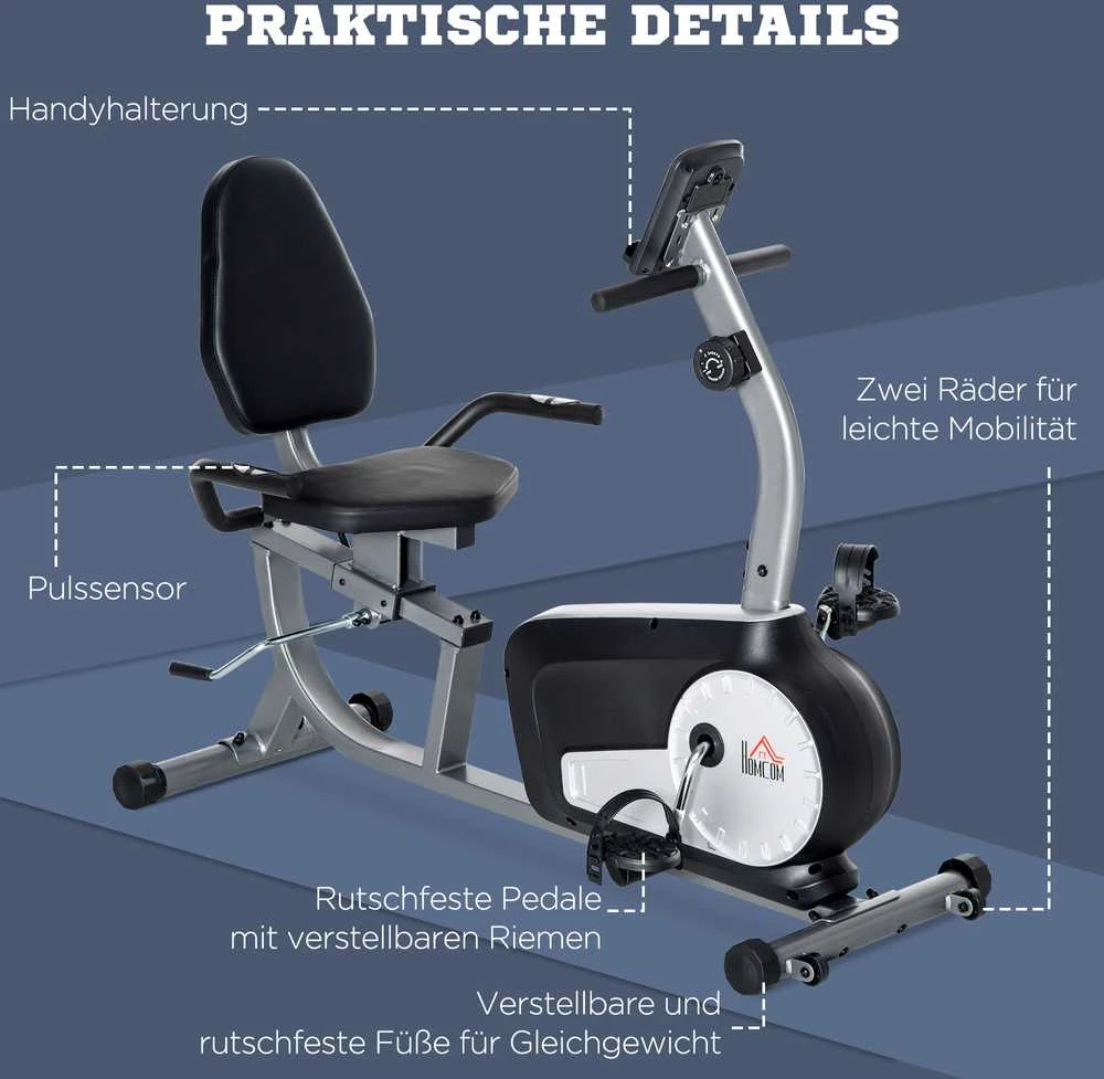 HOMCOM gulimas treniruoklis, dviratis treniruoklis su LCD ekranu, 8 lygių reguliuojamas magnetinis pasipriešinimas, iki 110 kg, plienas ir ABS