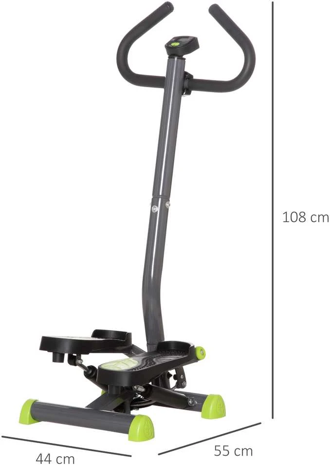 HOMCOM treniruoklis steperis su LCD ekranu ir rankena, iki 100 kg, plieno, ABS, pilkas/žalias, 55 x 44 x 108 cm
