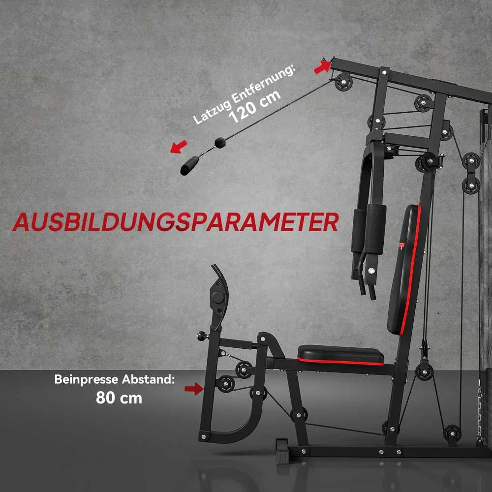 SPORTNOW daugiafunkcė treniruoklių stotelė, jėgos treniruoklis su lat traukos ir „drugelio“ rankenomis, kojų presu, 45 kg svorių bloku namams, juoda