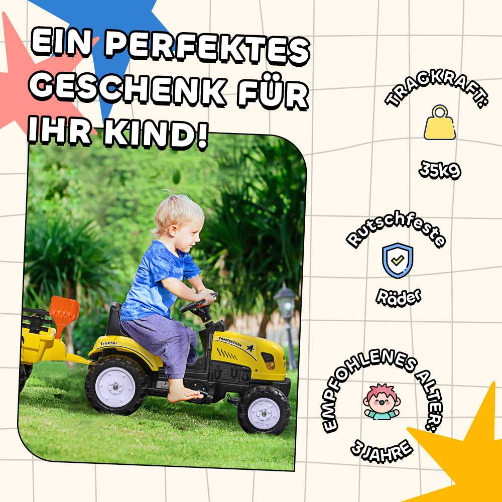 Homcom Pedalinis traktorius su priekaba, Vaikiškas pedalinis traktorius 3 metų vaikams 133 x 42 x 51 cm