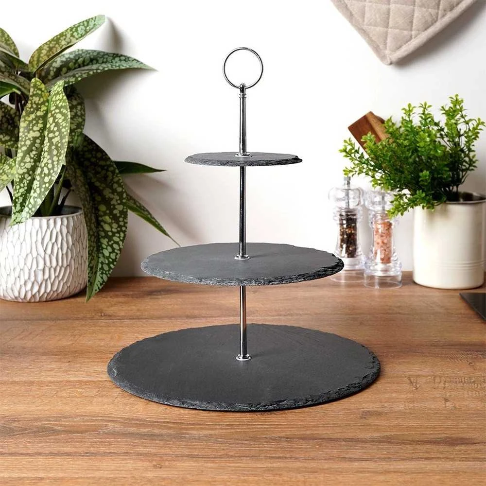 Excellent Houseware Akmens juoda serviravimo lėkštė 3 aukštų 31 cm
