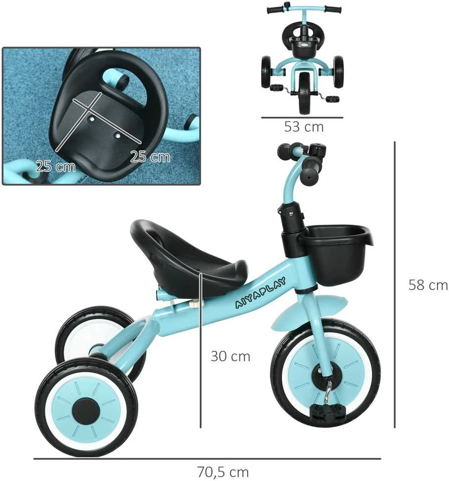 AIYAPLAY triratukas vaikams su reguliuojama sėdyne, paspirtukas su krepšeliu, skambučiu ir pedalais, 2-5 metų vaikams