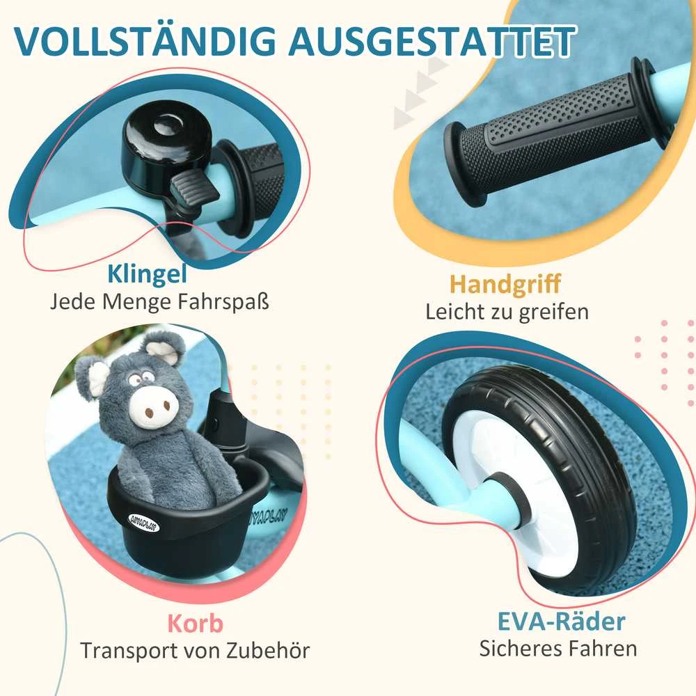 AIYAPLAY triratukas vaikams su reguliuojama sėdyne, paspirtukas su krepšeliu, skambučiu ir pedalais, 2-5 metų vaikams