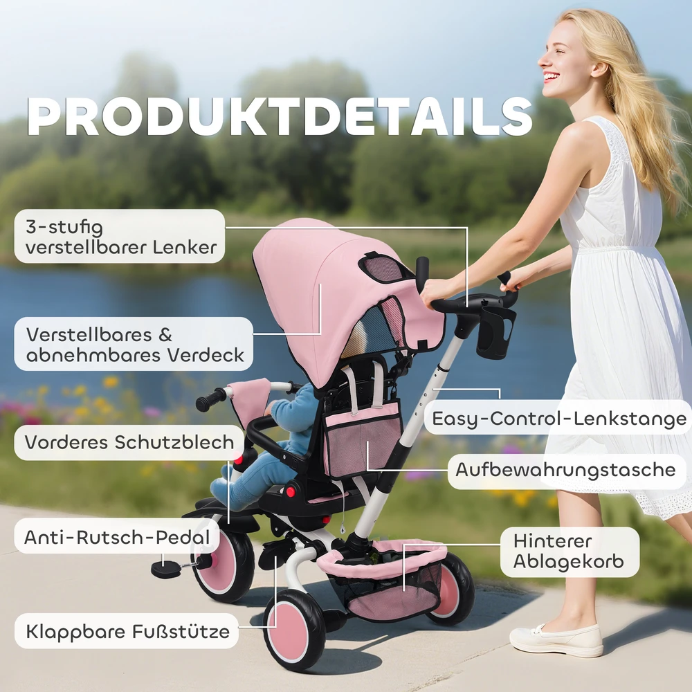 AIYAPLAY vaikiškas triratukas, 6-in-1 vežimėlis mažyliams, su stumiamąja rankena, reguliuojama sėdyne, sulankstoma konstrukcija, apsauginiu tinkleliu