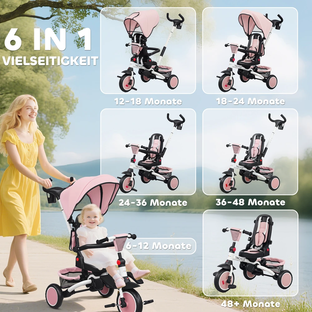 AIYAPLAY vaikiškas triratukas, 6-in-1 vežimėlis mažyliams, su stumiamąja rankena, reguliuojama sėdyne, sulankstoma konstrukcija, apsauginiu tinkleliu