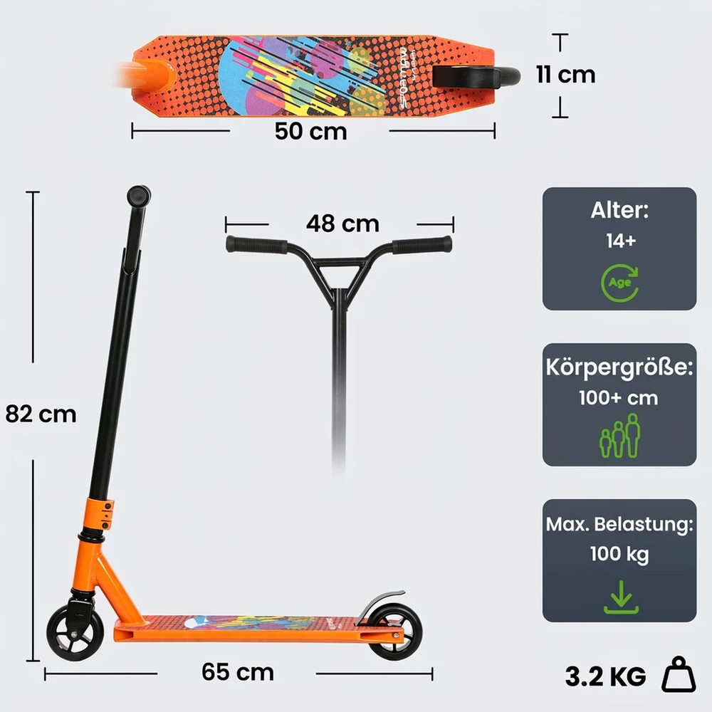 Triukinis paspirtukas su 100 mm PU ratukais ir 360° vairu, oranžinis–juodas, 65 x 48 x 82 cm