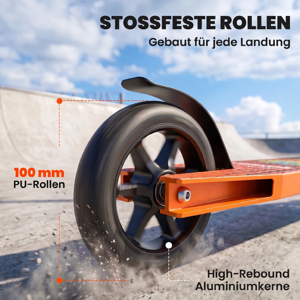 Triukinis paspirtukas su 100 mm PU ratukais ir 360° vairu, oranžinis–juodas, 65 x 48 x 82 cm