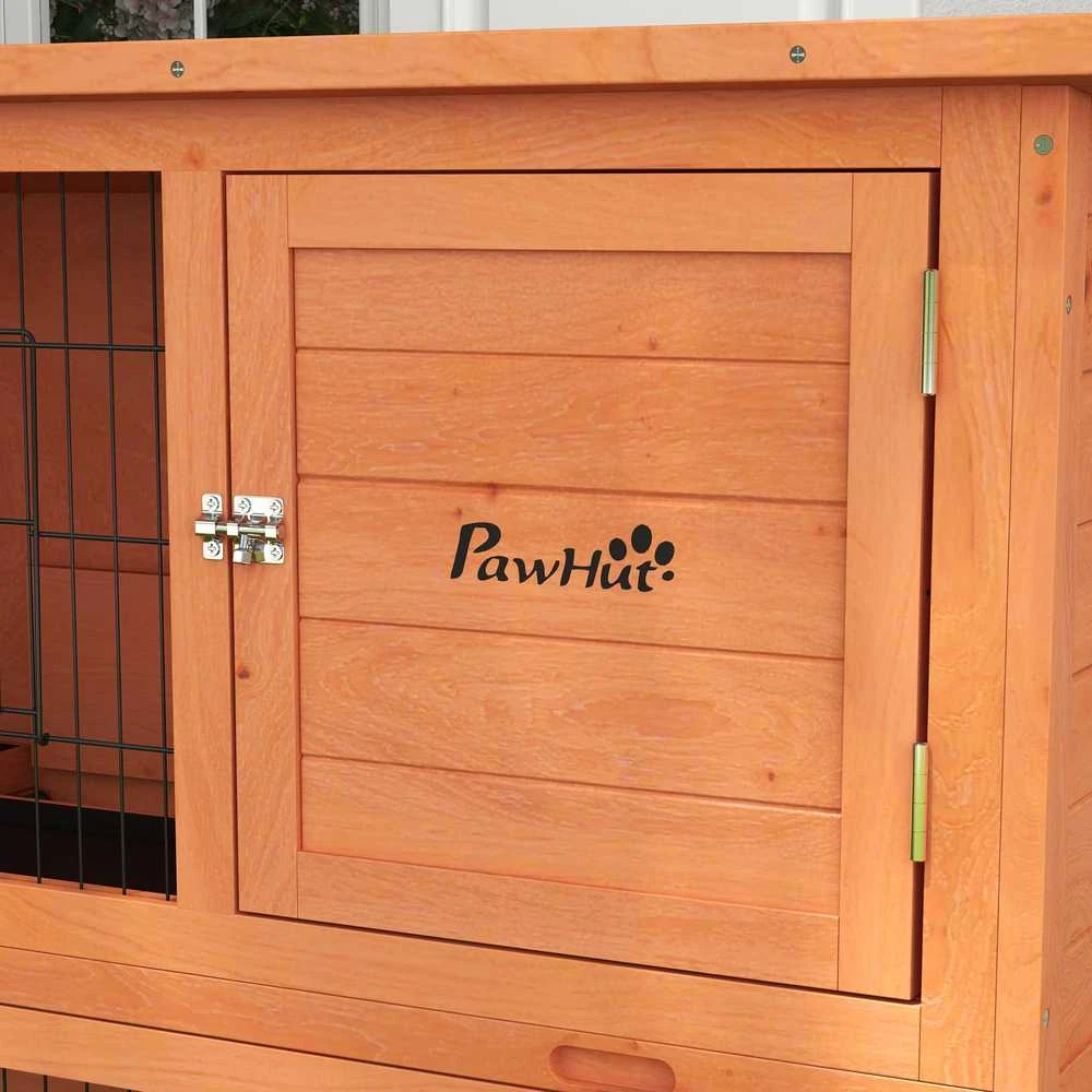 PawHut medinis triušių narvas, 2 aukštų aptvaras smulkiems gyvūnams su padėklais, rampa, lauko aptvaru ir bitumine stogo danga, 2 triušiams, oranžinis