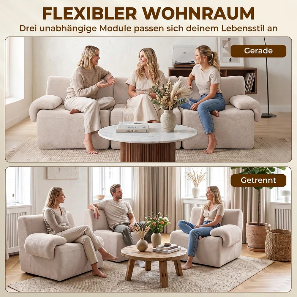 Trivietė modulinė šenilinė sofa, smėlio spalvos, 277 × 90 × 82 cm
