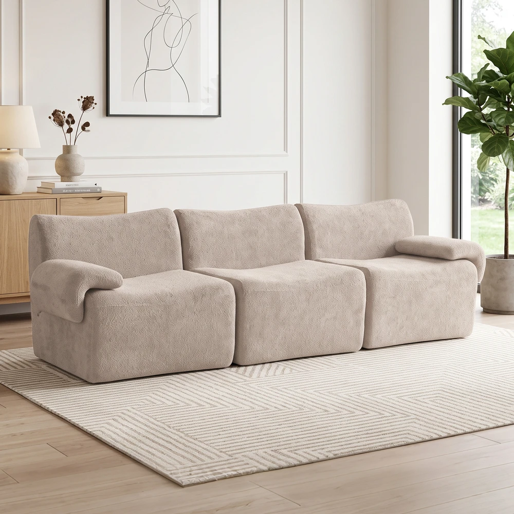 Trivietė modulinė šenilinė sofa, smėlio spalvos, 277 × 90 × 82 cm