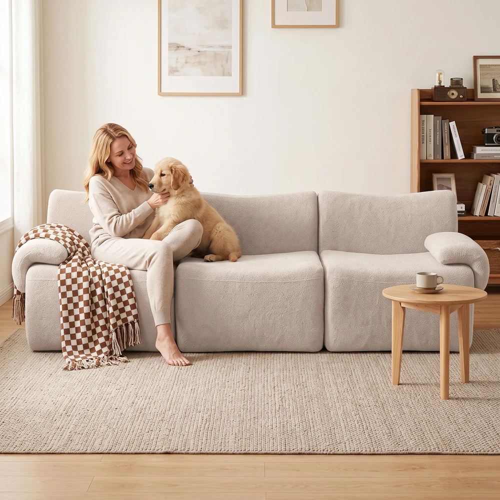 Trivietė modulinė šenilinė sofa, smėlio spalvos, 277 × 90 × 82 cm