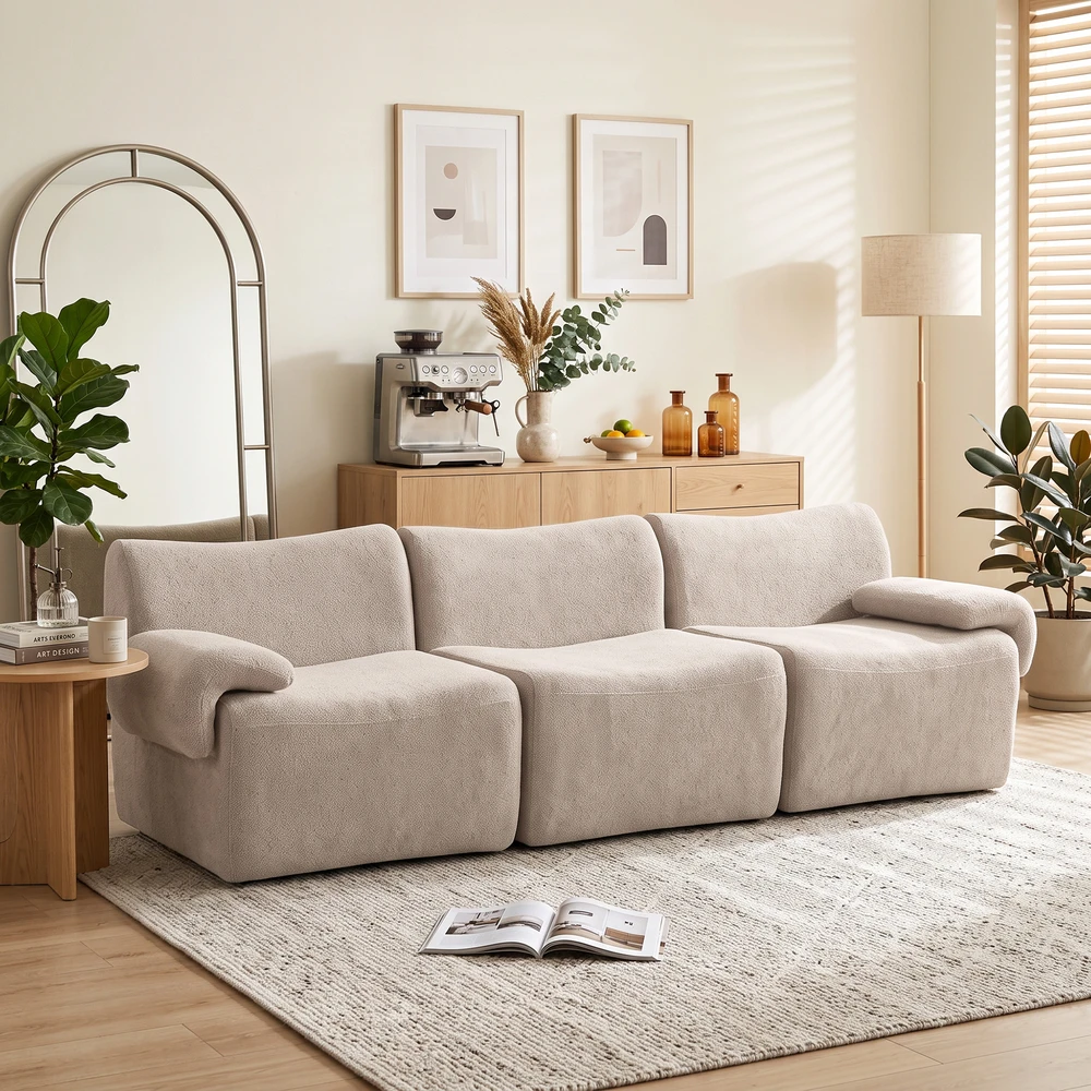 Trivietė modulinė šenilinė sofa, smėlio spalvos, 277 × 90 × 82 cm