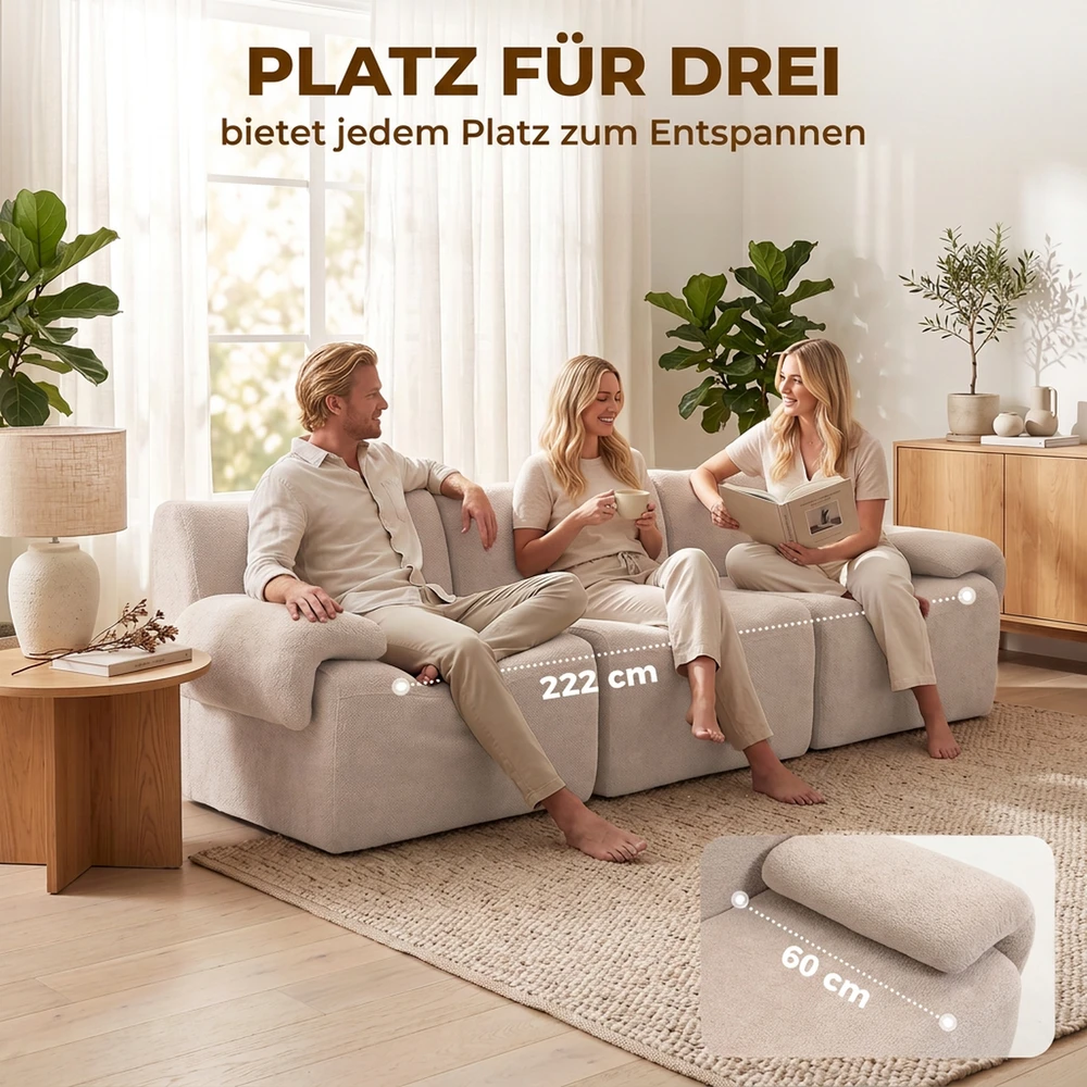 Trivietė modulinė šenilinė sofa, smėlio spalvos, 277 × 90 × 82 cm