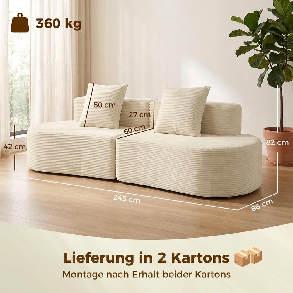 Trivietė modulinė sofa be rėmo su kišeninėmis spyruoklėmis, smėlinė, 245cm