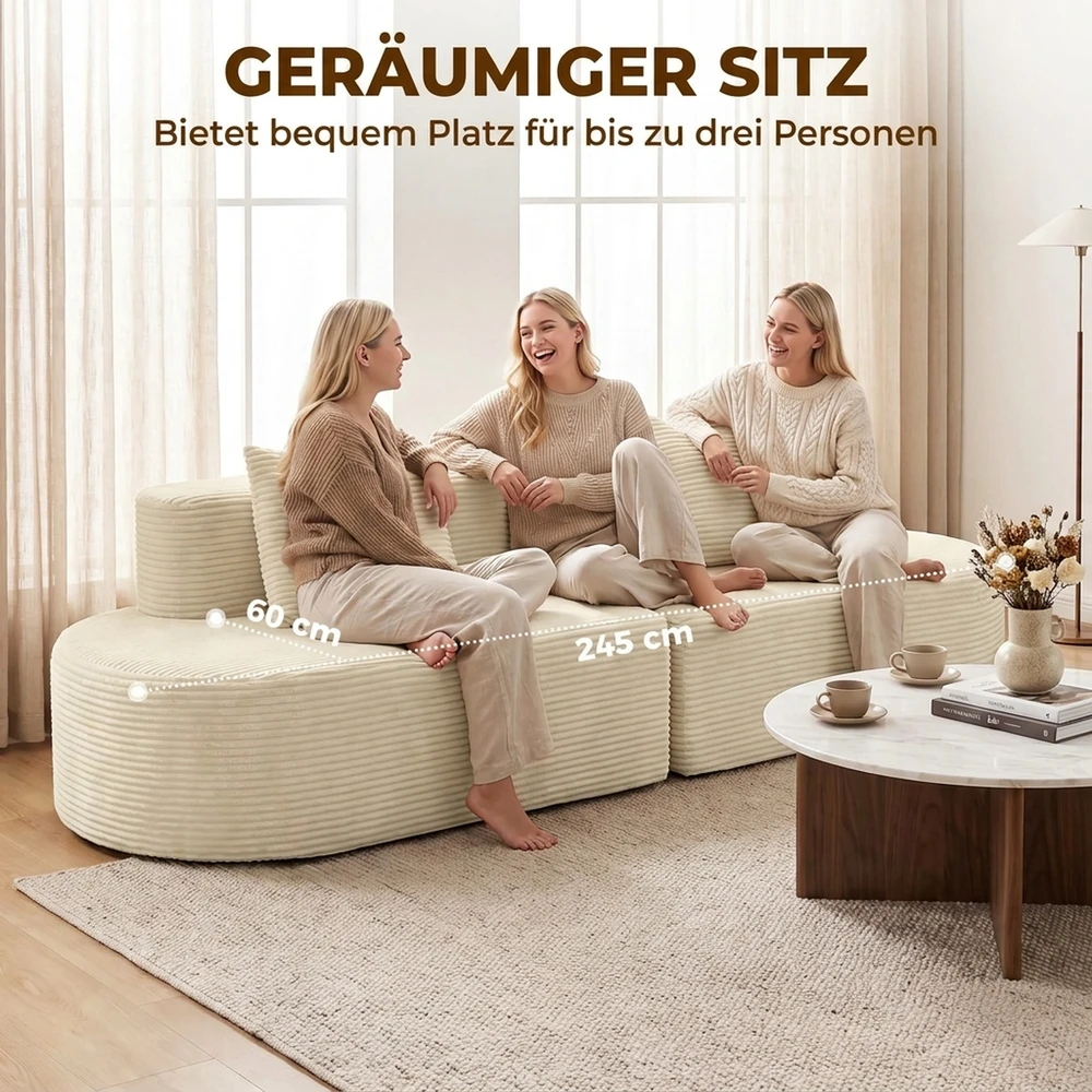 Trivietė modulinė sofa be rėmo su kišeninėmis spyruoklėmis, smėlinė, 245cm