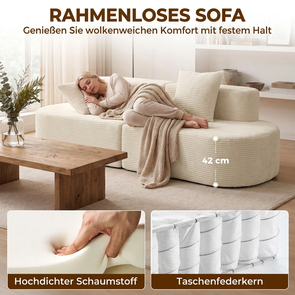 Trivietė modulinė sofa be rėmo su kišeninėmis spyruoklėmis, smėlinė, 245cm