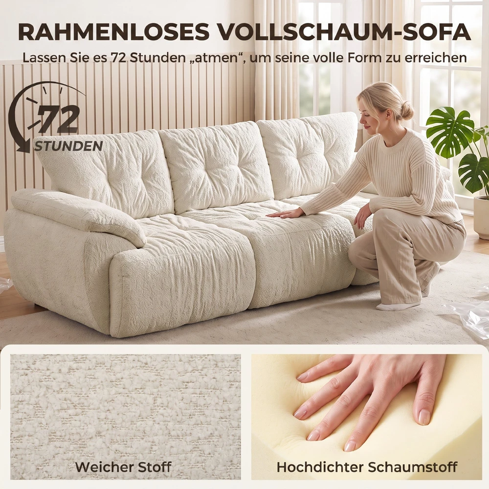 Trivietė modulinė sofa, berėmė, kreminė balta, 260 × 92 × 80 cm