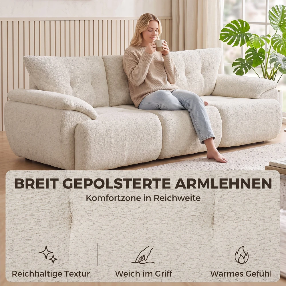 Trivietė modulinė sofa, berėmė, kreminė balta, 260 × 92 × 80 cm