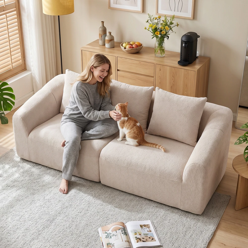 Trivietė sofa be rėmo su kišeninėmis spyruoklėmis, smėlinė, 225 x 93 x 83 cm