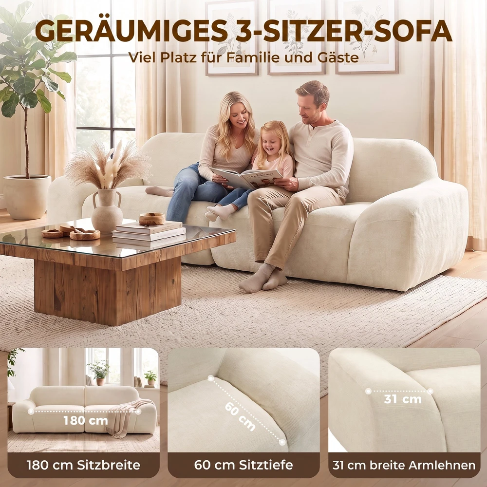 Trivietė sofa, berėmė, kreminės baltos spalvos, 244 × 95 × 70 cm