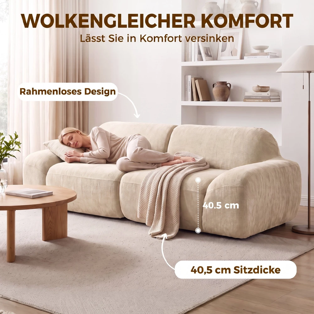 Trivietė sofa, berėmė, kreminės baltos spalvos, 244 × 95 × 70 cm