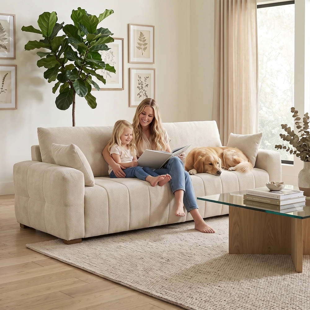 Trivietė sofa su aksominiu apmušalu, kreminė, 220 x 86 x 84 cm