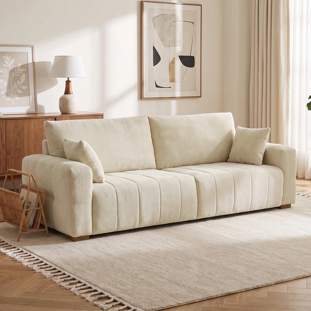 Trivietė sofa su aksominiu apmušalu, kreminė, 220 x 86 x 84 cm
