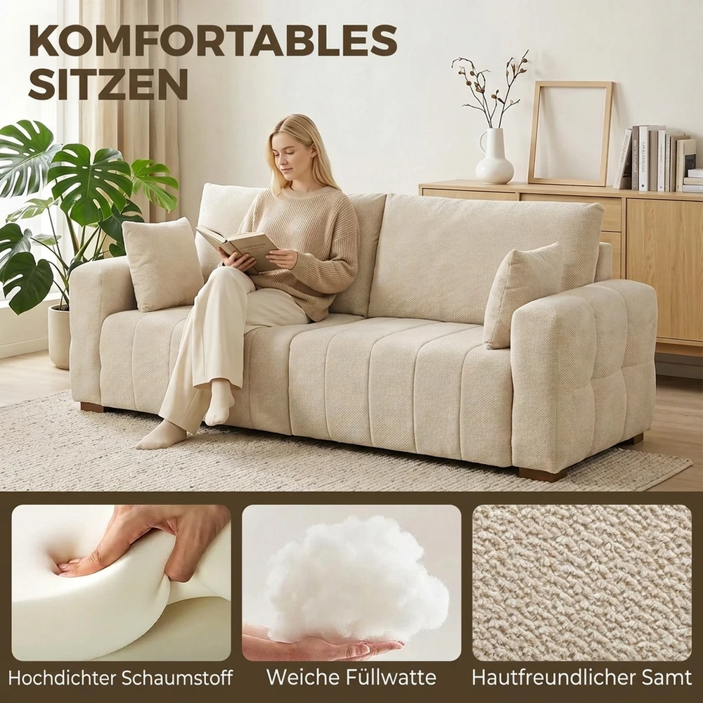 Trivietė sofa su aksominiu apmušalu, kreminė, 220 x 86 x 84 cm