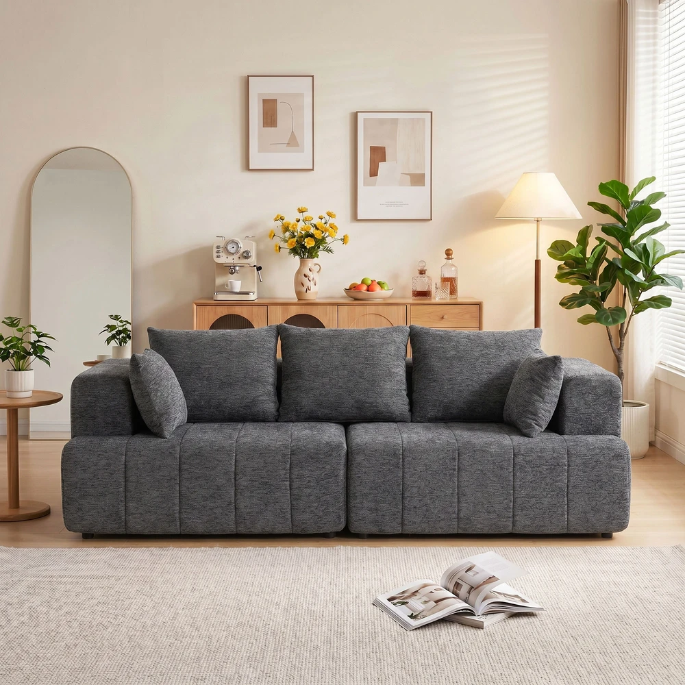 Trivietė sofa su kišeninėmis spyruoklėmis ir šeniliniu apmušalu, pilka, 248 x 104 x 87 cm