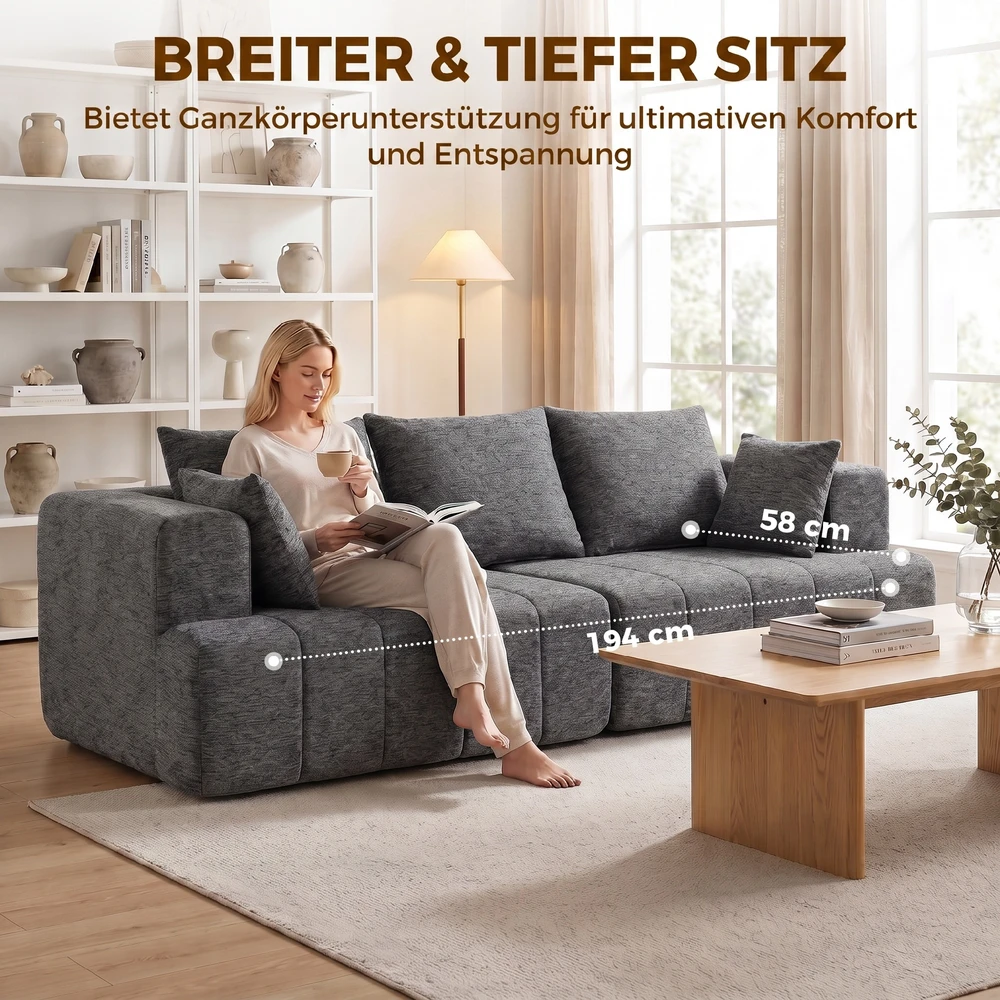Trivietė sofa su kišeninėmis spyruoklėmis ir šeniliniu apmušalu, pilka, 248 x 104 x 87 cm