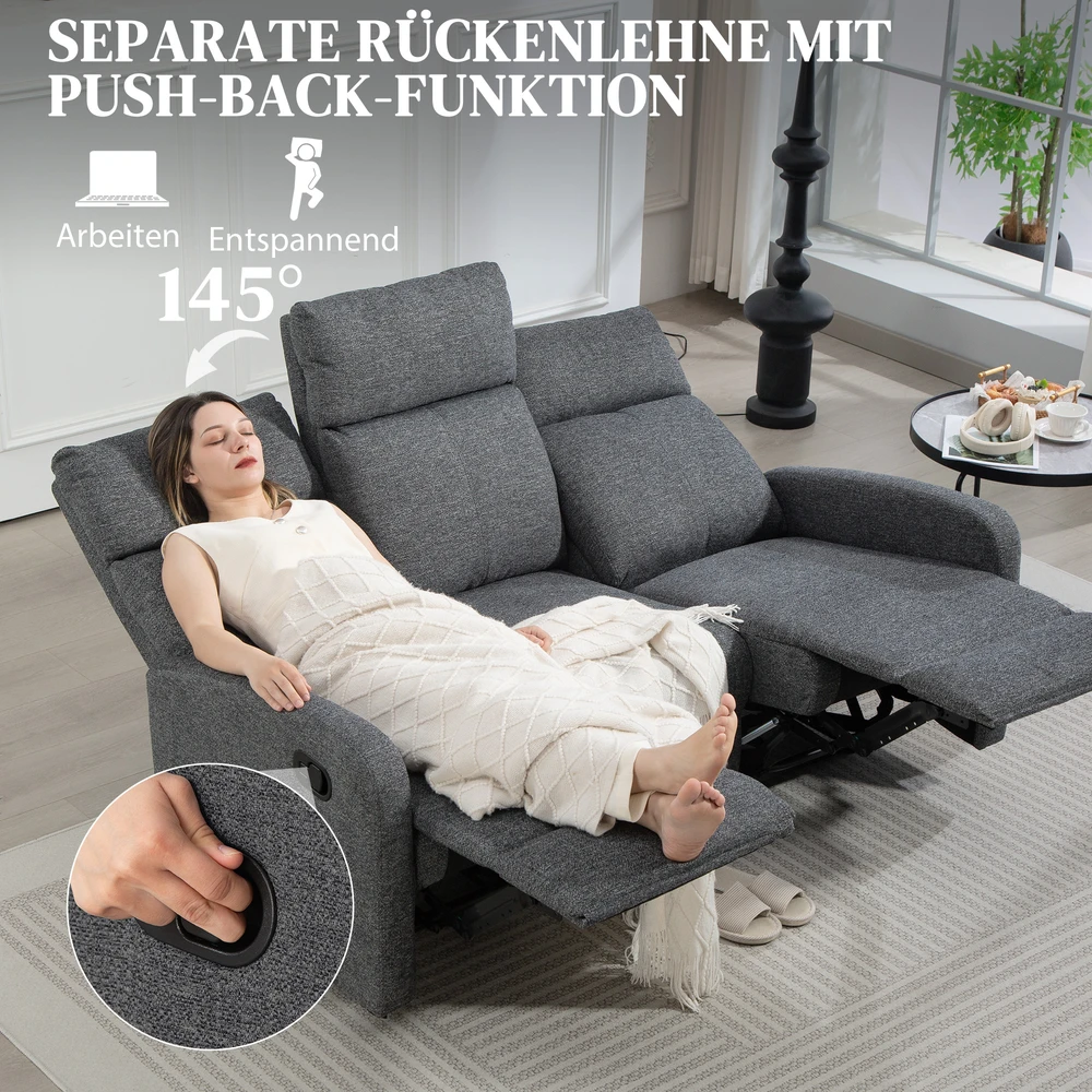 Fotelis HOMCOM 3 vietų sofa, individualiai reguliuojamos nugaros atramos, kojų atramos, audinio apmušalai, metalas, pilka