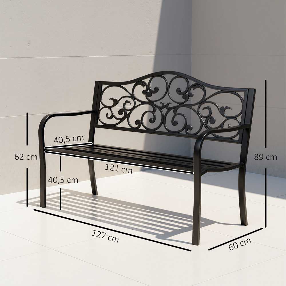 Outsunny 3-vietis sodo suoliukas, plieno suoliukas su porankiais, ketaus, juodas, 127x60x89cm