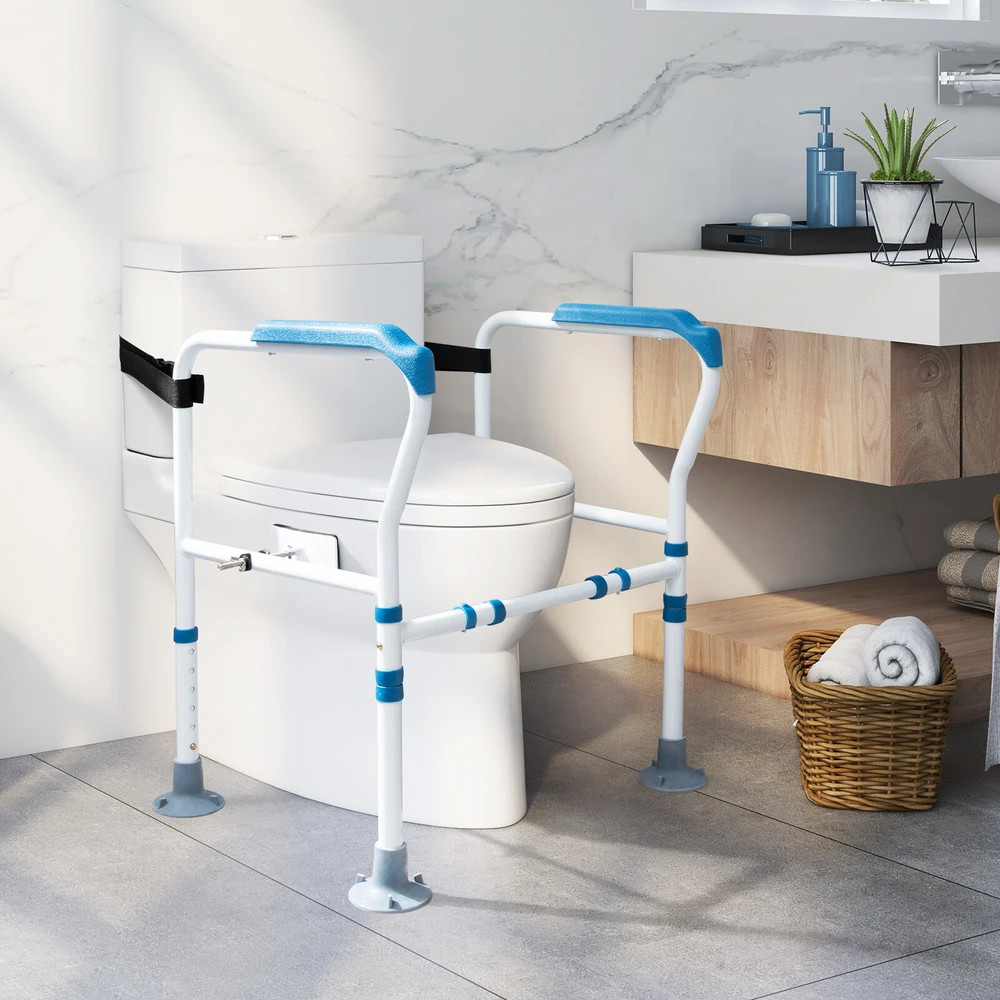 Tualeto saugos turėklas, reguliuojamo aukščio, mėlynas ir baltas, 62,2–67,3 × 49,5 × 64,8–77,5 cm